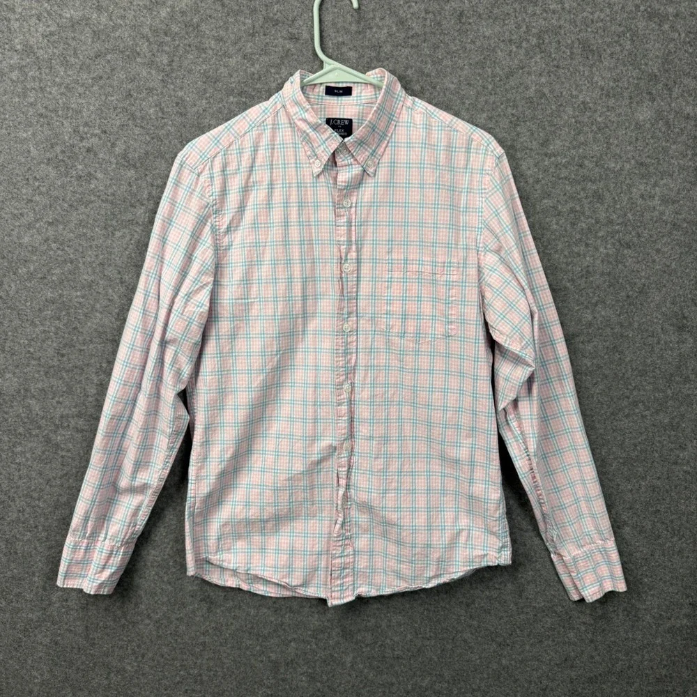 J. Crew Slim Fit Flex‎ Washed Plaid Button Down Shirt Men's Medium Pink Blue